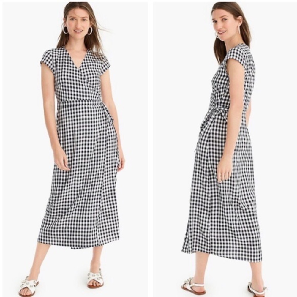 J. Crew Black and White Gingham Midi Wrap Dress